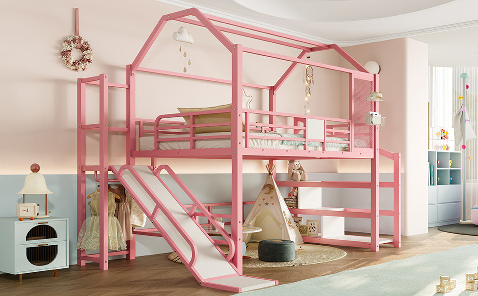 Full House Loft bed with Slide and Stairs, Metal Playhouse Bed with Storage Shelves, House-shaped Roof and Noise-free Design, Pink