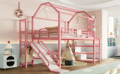 Full House Loft bed with Slide and Stairs, Metal Playhouse Bed with Storage Shelves, House-shaped Roof and Noise-free Design, Pink