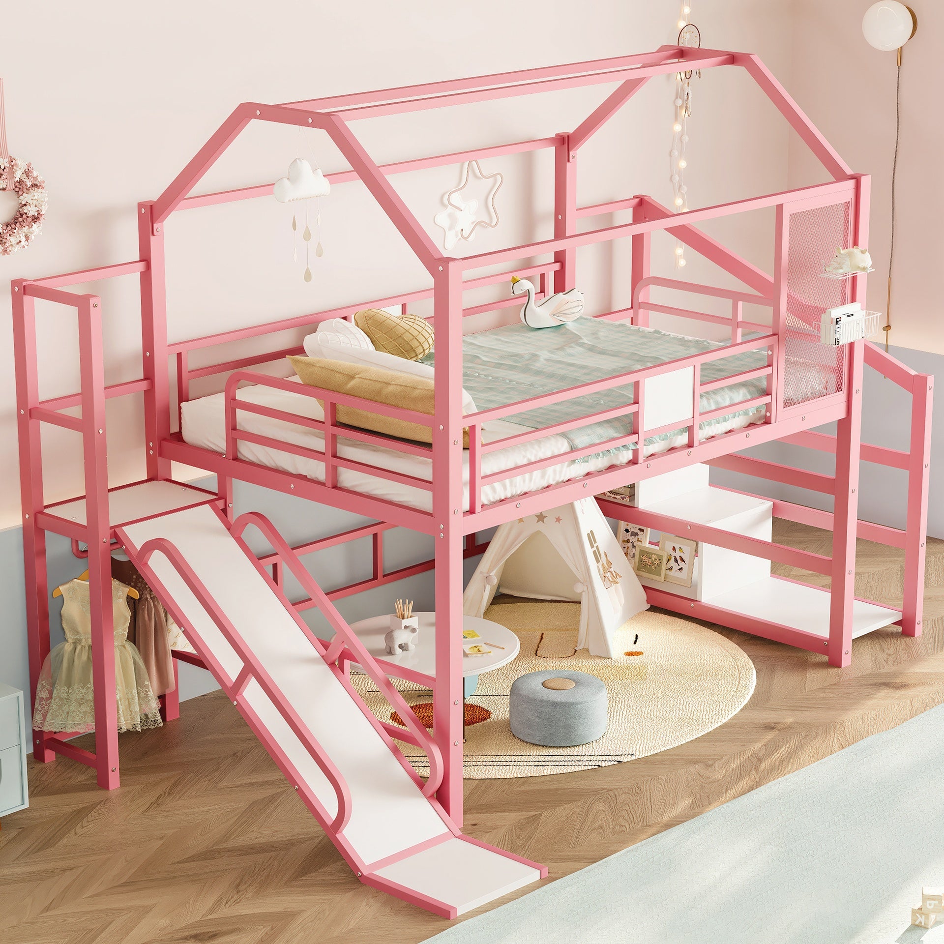 Full House Loft bed with Slide and Stairs, Metal Playhouse Bed with Storage Shelves, House-shaped Roof and Noise-free Design, Pink