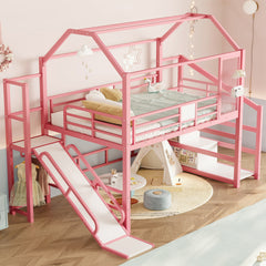 Full House Loft bed with Slide and Stairs, Metal Playhouse Bed with Storage Shelves, House-shaped Roof and Noise-free Design, Pink