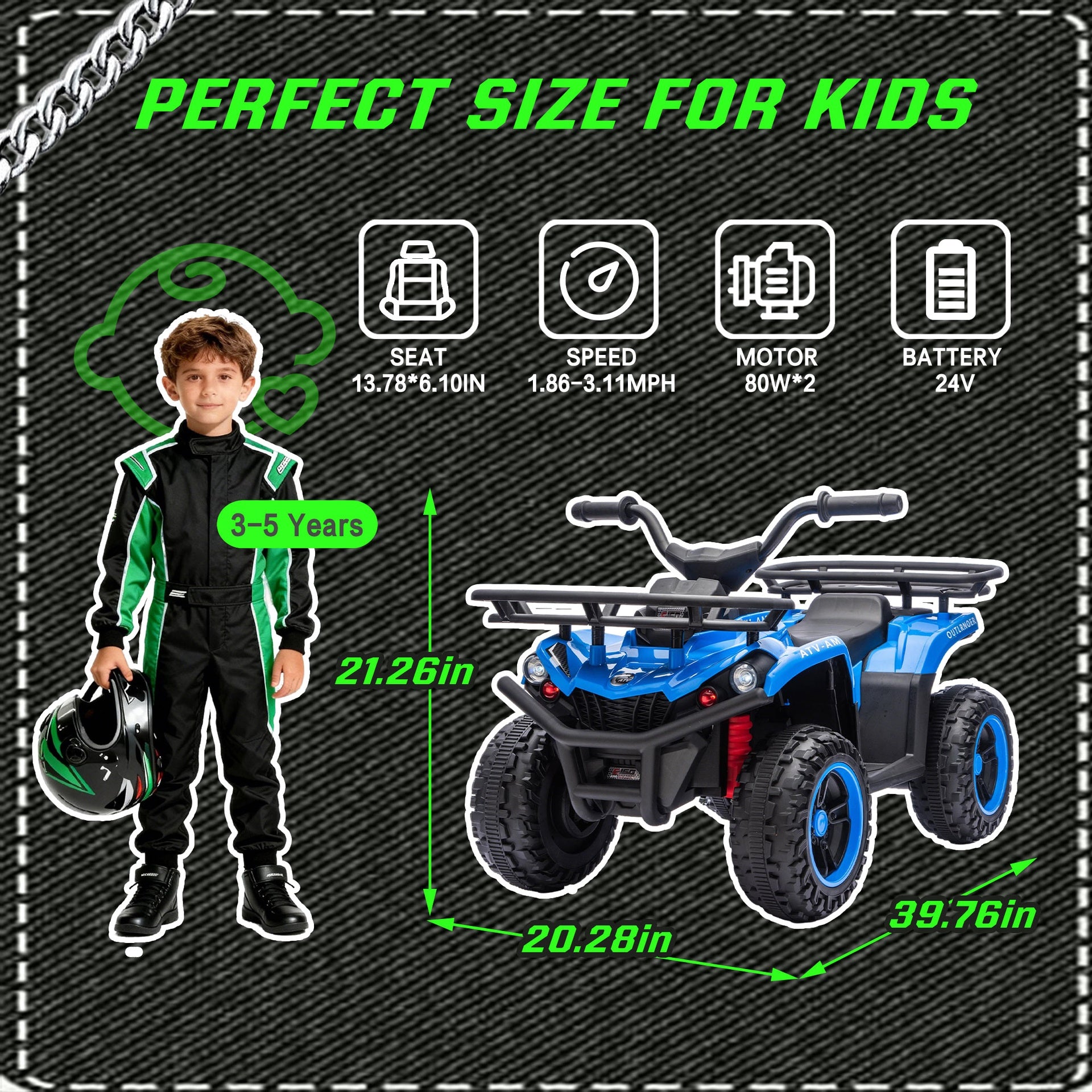 24V 80W*2 Electronic Kids Ride On ATV W/Off-Road Vehicle,Anti-Slip Tires,Crash Bars,Front and rear Storage Racks,Power display,LED Headlights&Bluetooth,High-power System for Kids,Recommend age:3-5
