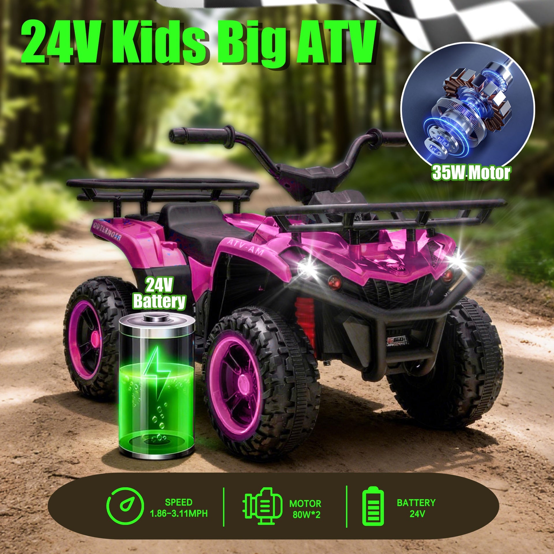24V 80W*2 Electronic Kids Ride On ATV W/Off-Road Vehicle,Anti-Slip Tires,Crash Bars,Front and rear Storage Racks,Power display,LED Headlights&Bluetooth,High-power System for Kids,Recommend age:3-5