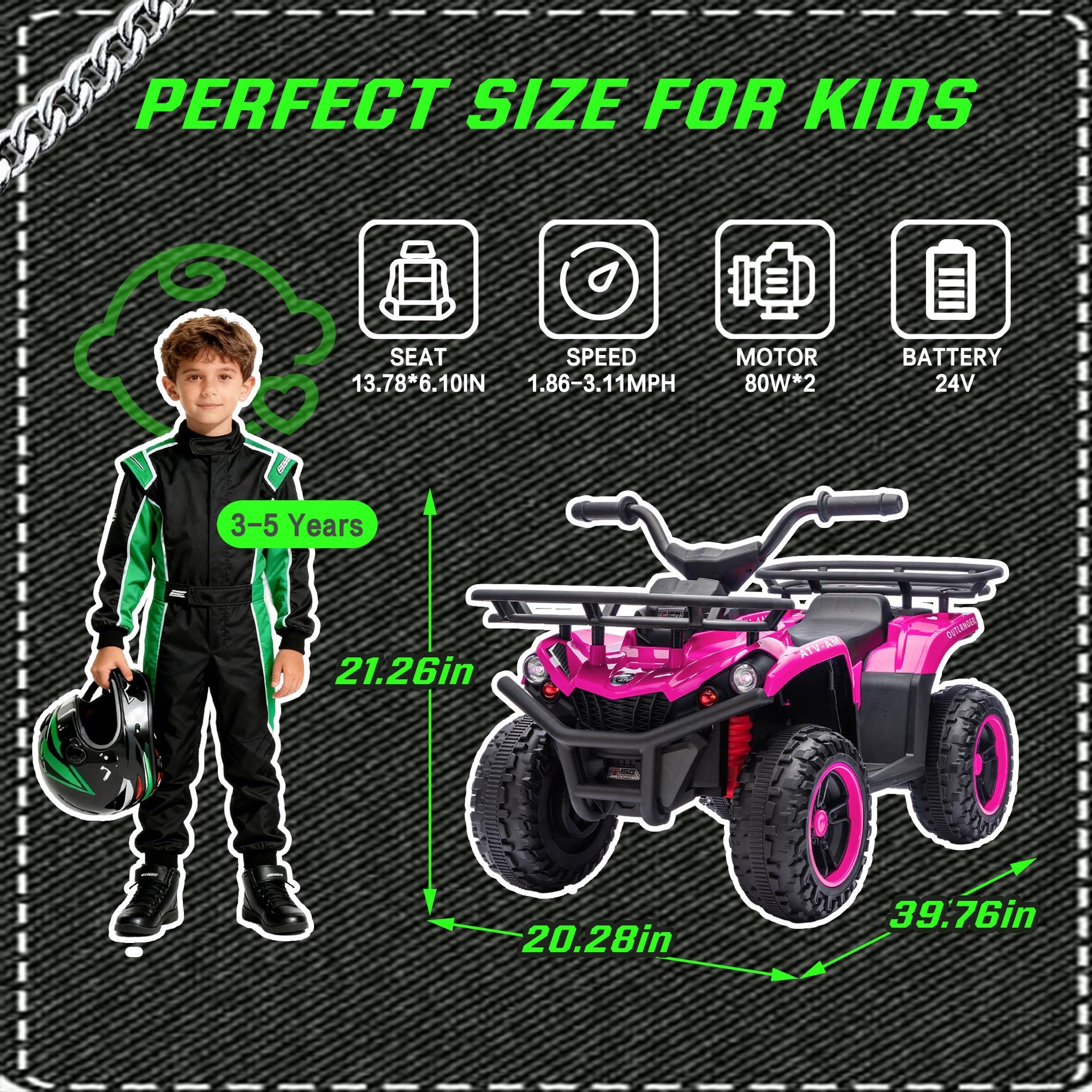 24V 80W*2 Electronic Kids Ride On ATV W/Off-Road Vehicle,Anti-Slip Tires,Crash Bars,Front and rear Storage Racks,Power display,LED Headlights&Bluetooth,High-power System for Kids,Recommend age:3-5