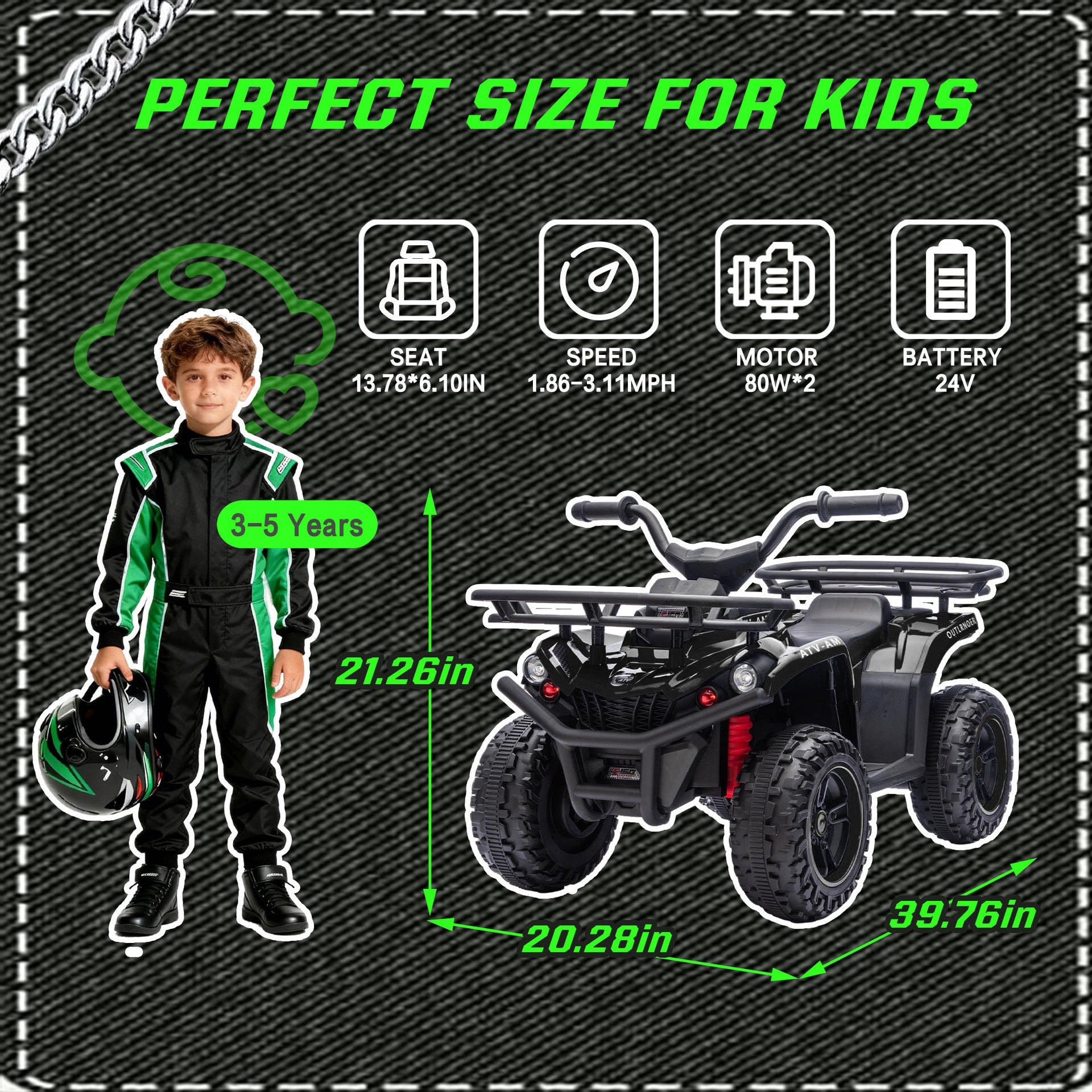 24V 80W*2 Electronic Kids Ride On ATV W/Off-Road Vehicle,Anti-Slip Tires,Crash Bars,Front and rear Storage Racks,Power display,LED Headlights&Bluetooth,High-power System for Kids,Recommend age:3-5