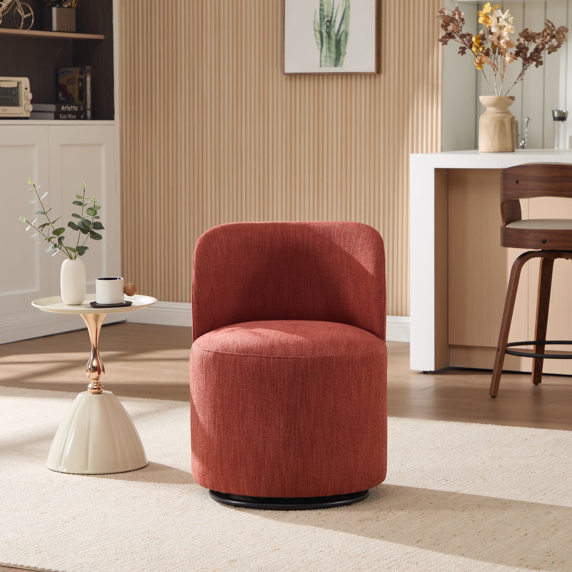 Set Of 1 Upholstered Kitchen & Dining Room Barrel Chair, Mid Century Modern Round Linen Dining Chair, 360 Degree Swivel Comfy Armless Accent Makeup Vanity Side Chair for Bedroom Living Room
