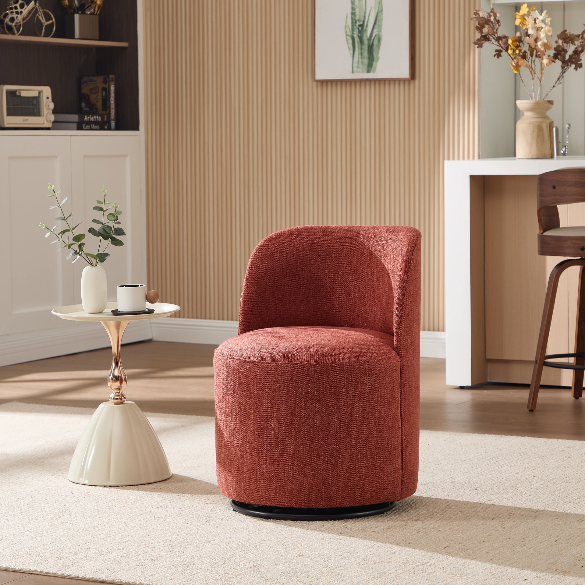 Set Of 1 Upholstered Kitchen & Dining Room Barrel Chair, Mid Century Modern Round Linen Dining Chair, 360 Degree Swivel Comfy Armless Accent Makeup Vanity Side Chair for Bedroom Living Room