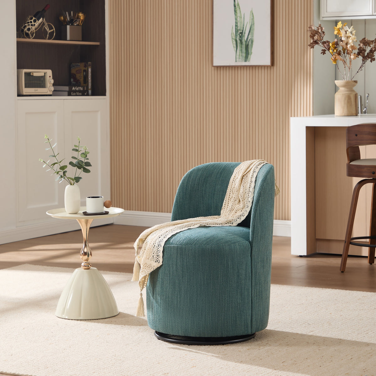 Set Of 1 Upholstered Kitchen & Dining Room Barrel Chair, Mid Century Modern Round Linen Dining Chair, 360 Degree Swivel Comfy Armless Accent Makeup Vanity Side Chair for Bedroom Living Room