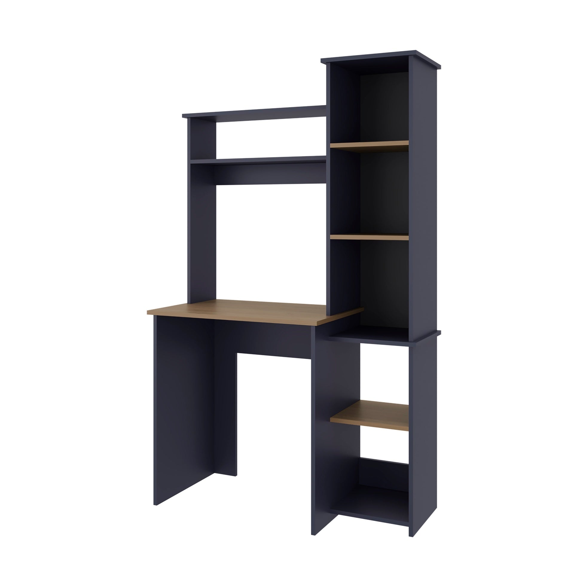 Navy Blue and Natural Oak Computer Desk with Hutch and Side Bookshelf