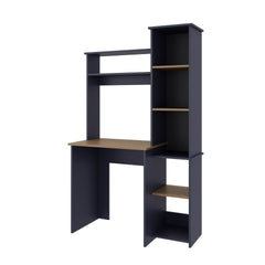 Navy Blue and Natural Oak Computer Desk with Hutch and Side Bookshelf