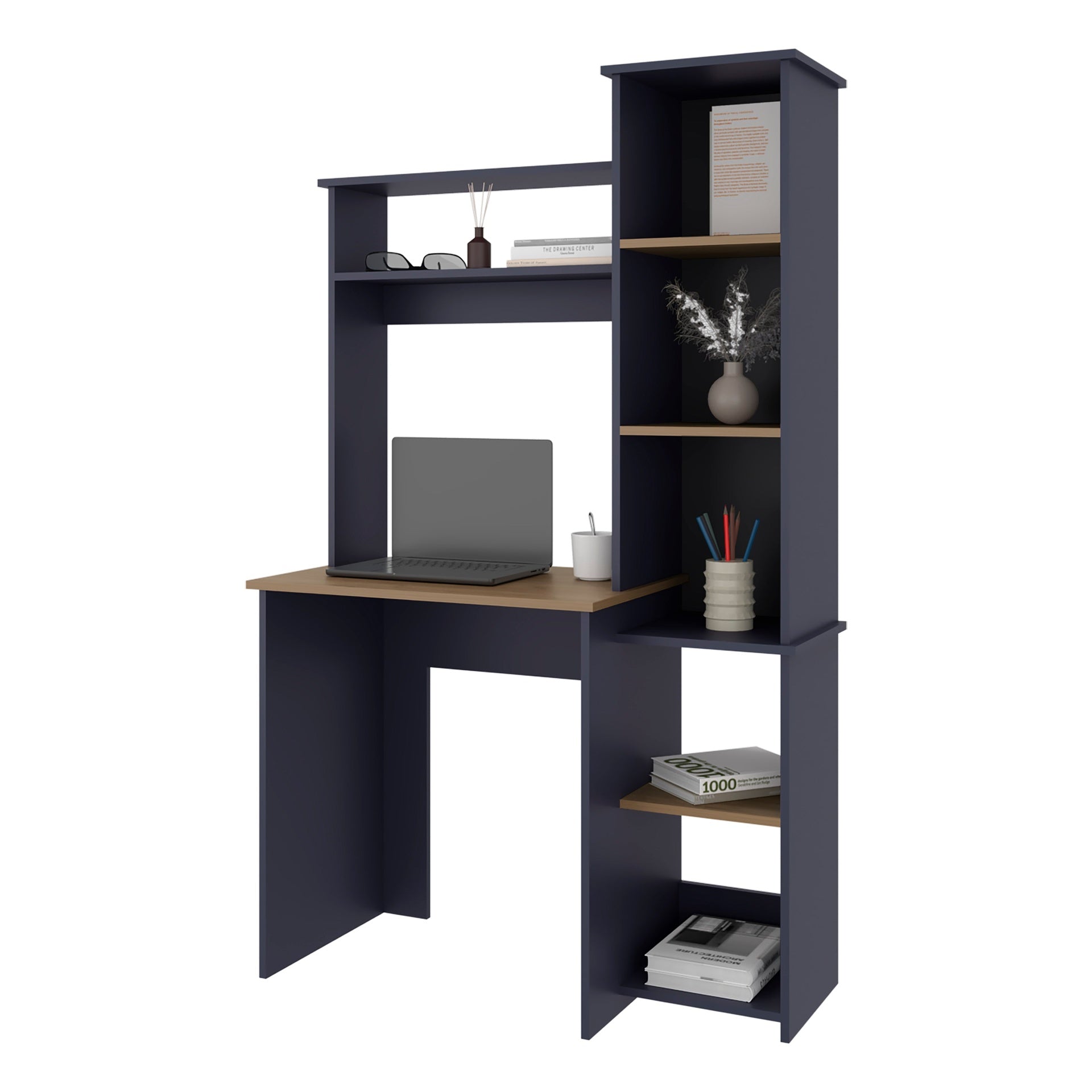 Navy Blue and Natural Oak Computer Desk with Hutch and Side Bookshelf