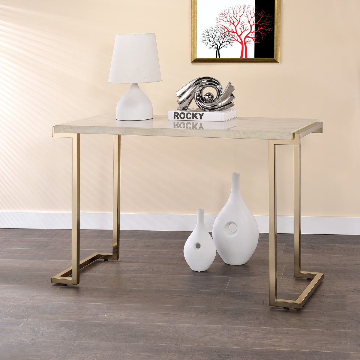 White and Champagne Sled Base Sofa Table