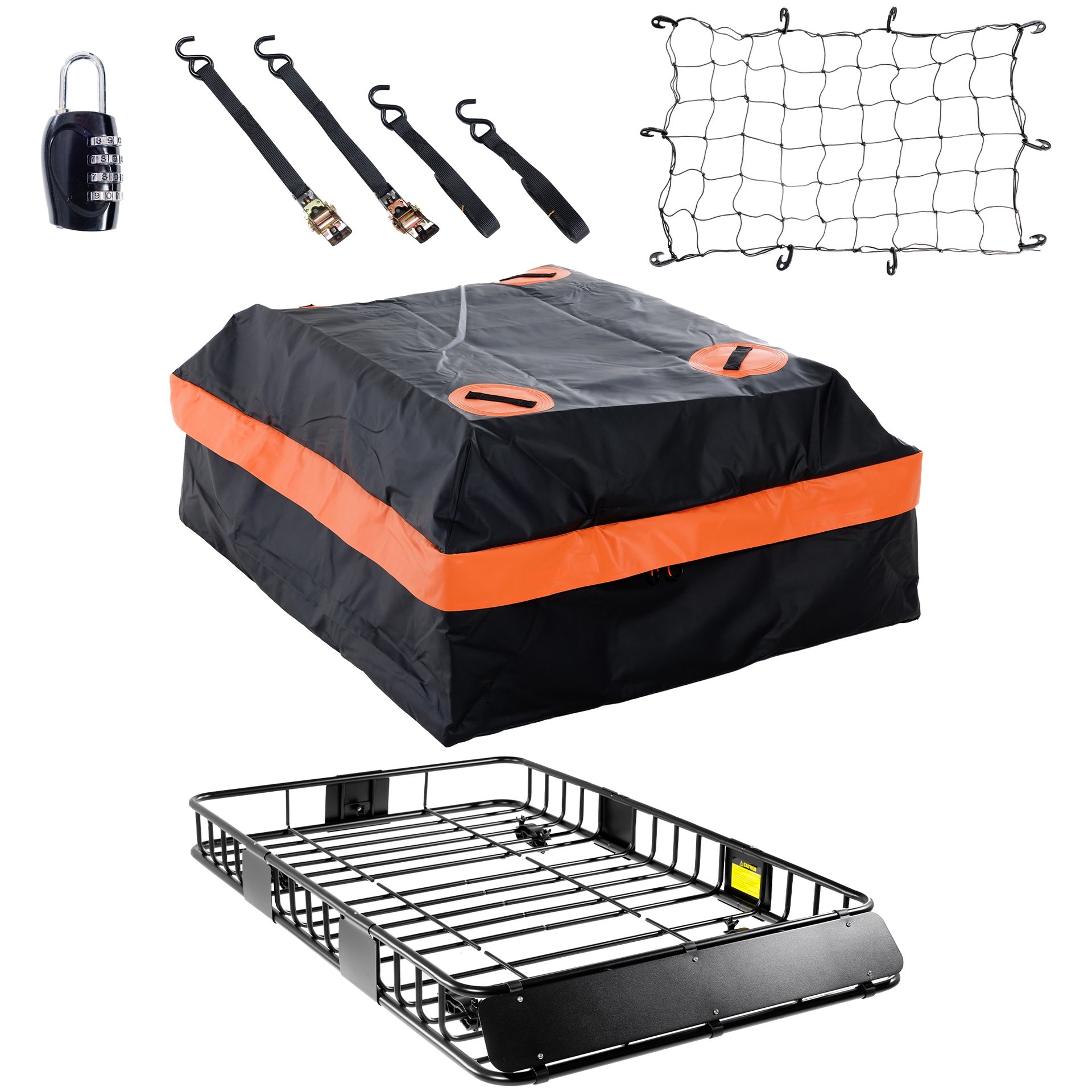 64 x 39 x 6 Inch Heavy Duty 250LB Roof Rack Cargo with 500D Waterproof Cargo Bag, Net & Ratchet Strap, Car Top Luggage Holder Basket for SUV, Truck or RV Camping Storage Steel Construction