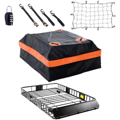 64 x 39 x 6 Inch Heavy Duty 250LB Roof Rack Cargo with 500D Waterproof Cargo Bag, Net & Ratchet Strap, Car Top Luggage Holder Basket for SUV, Truck or RV Camping Storage Steel Construction