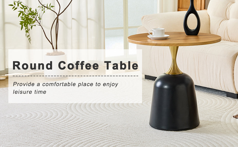 Small circular side table coffee table, metal base living room table,wood grain minimalist modern decoration, unique circular sofa bedside office desk.