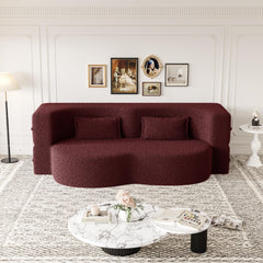 Modern Floor Sofa with 2 Pillows,Convertible Teddy Fabric Foam-Filled Sleeper Sofa Bed,15" Full Size Folding Mattress for Living Room,Guest Bed,no assembly required,Burgundy(Same series:W1885P2722)