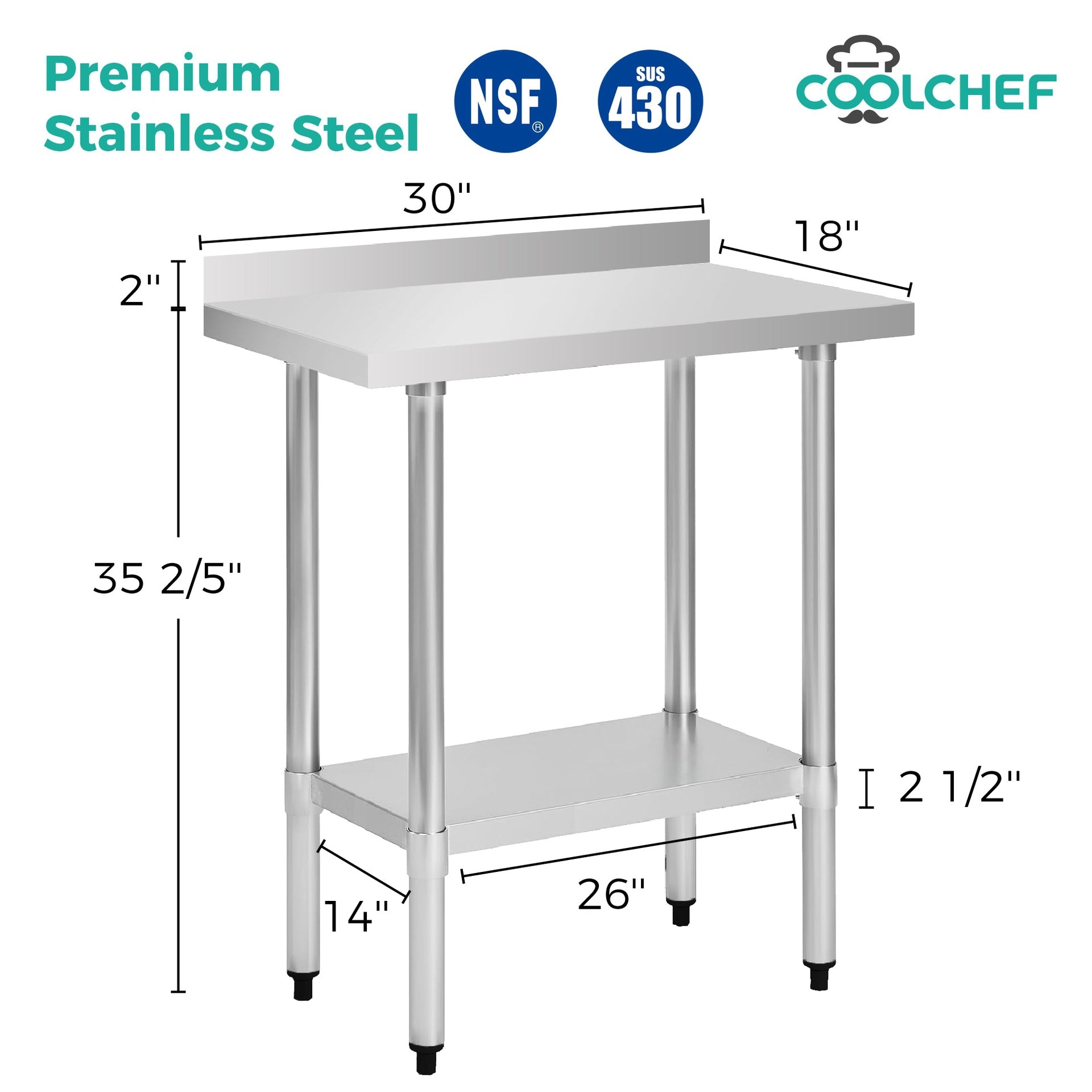 18" x 30" 18-Gauge Stainless Steel Commercial Work Table with 4" Backsplash and Undershelf