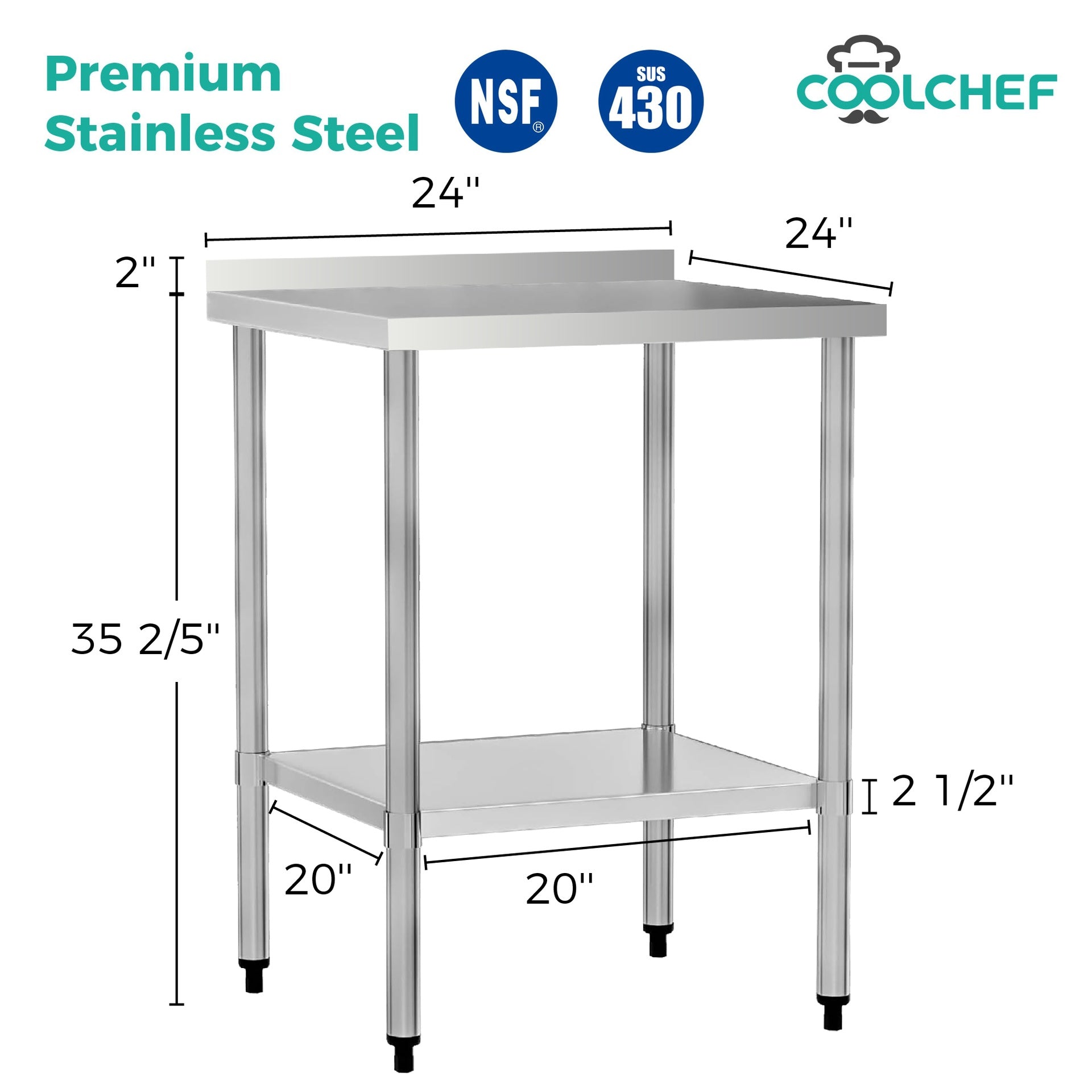 24" x 24" 18-Gauge Stainless Steel Commercial Work Table with 4" Backsplash and Undershelf