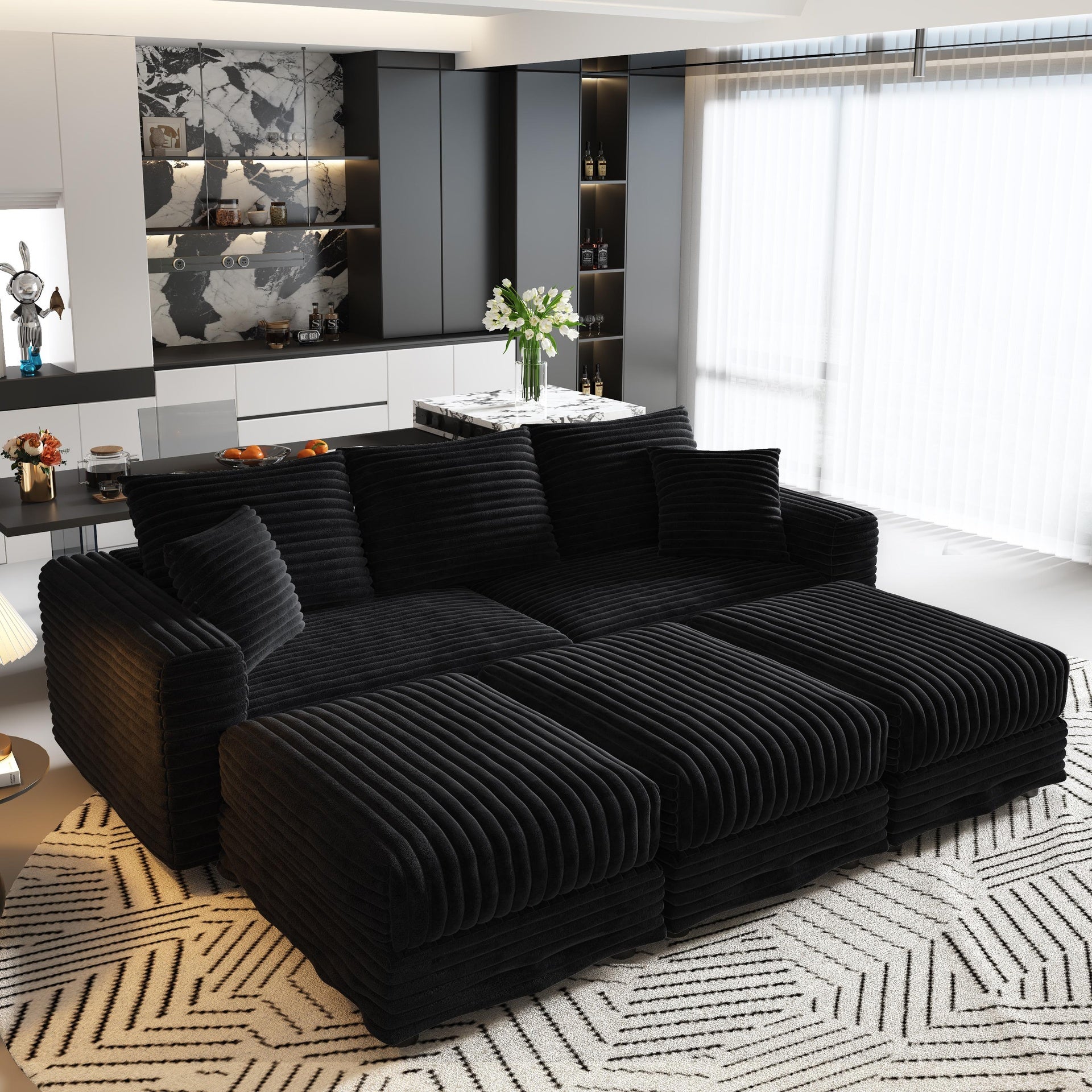 82.7 "Plush Corduroy 3-Seat Sofa,Modern Comfy Upholstered Sofa Cloud Couch,Deep Seat Couches with Soft Pillows and 3 Ottomans,Convertible Sofa Lounge Chair,Black(Old SKU:W1885S00160)