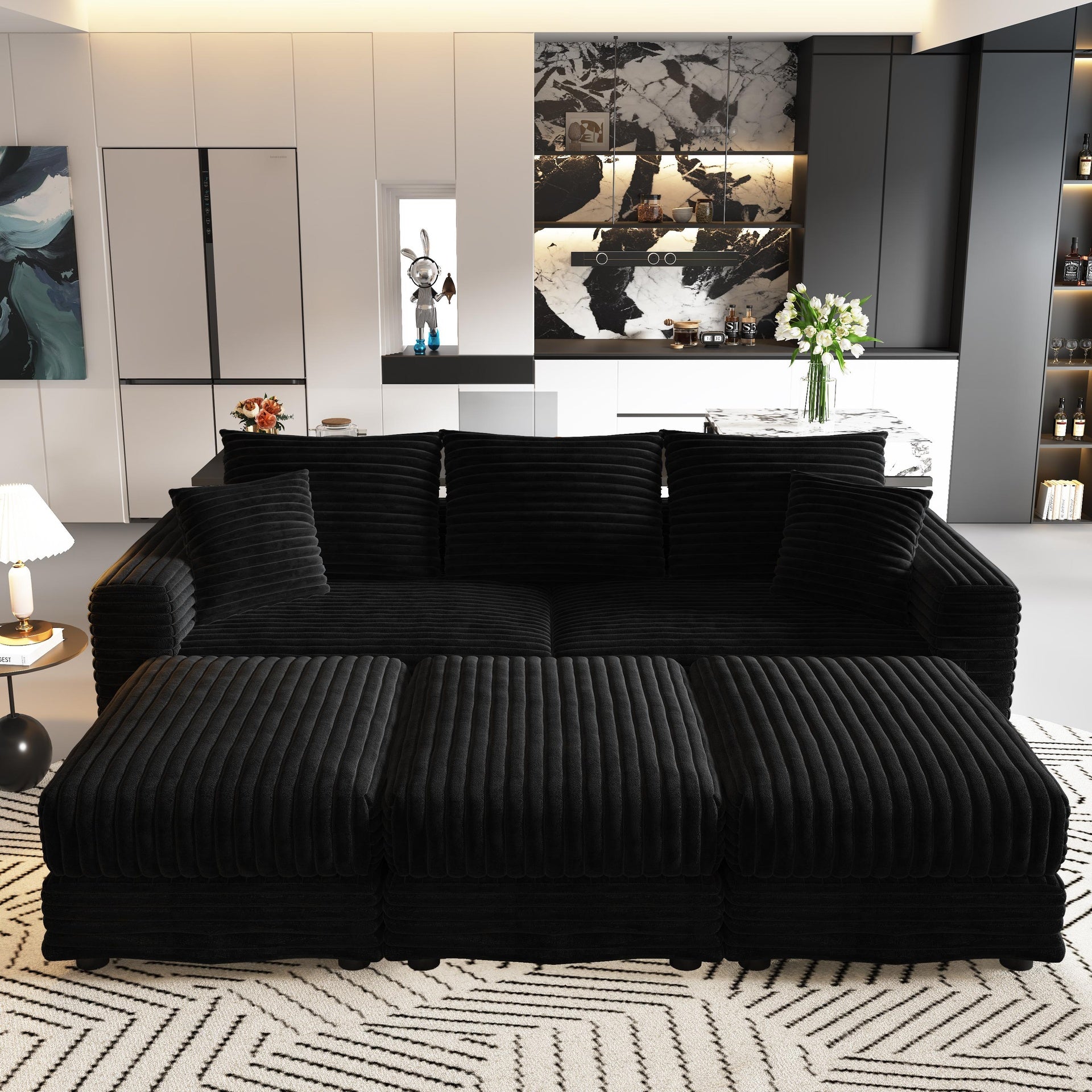 82.7 "Plush Corduroy 3-Seat Sofa,Modern Comfy Upholstered Sofa Cloud Couch,Deep Seat Couches with Soft Pillows and 3 Ottomans,Convertible Sofa Lounge Chair,Black(Old SKU:W1885S00160)