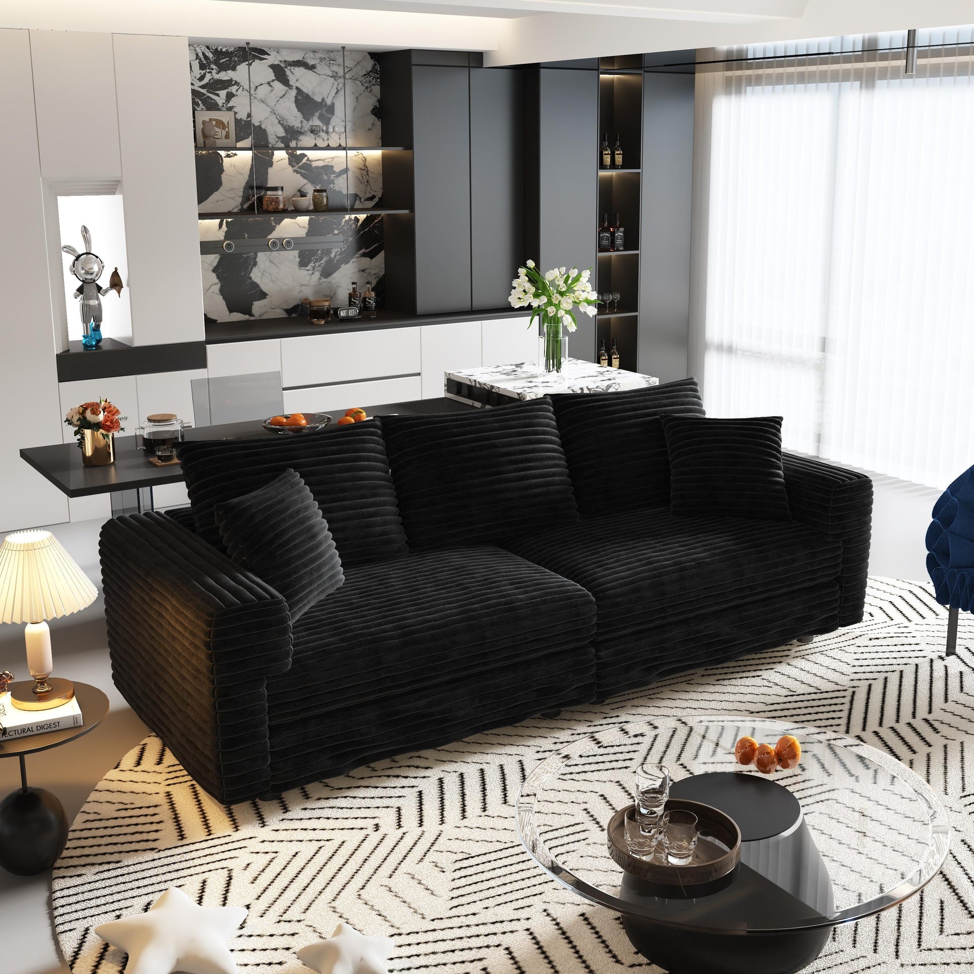82.7 "Plush Corduroy 3-Seat Sofa,Modern Comfy Upholstered Sofa Cloud Couch,Deep Seat Couches with Soft Pillows and 3 Ottomans,Convertible Sofa Lounge Chair,Black(Old SKU:W1885S00160)