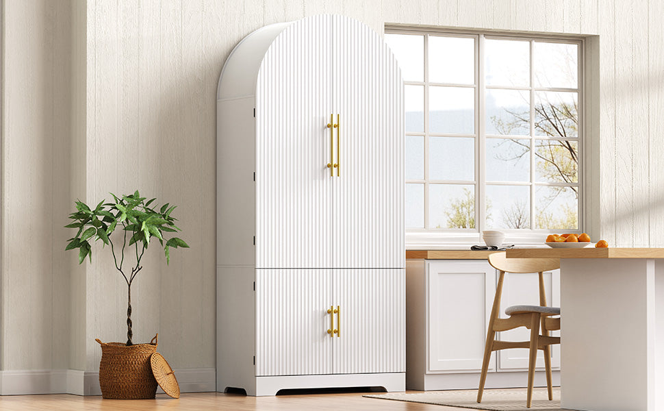 K&K 72" Tall Arched Kitchen Pantry Cabinet with 8 Door Shelves, Fluted Storage Cabinets with 3 Adjustable Shelves, Hidden Drawer, Versatile Cupboard for Kitchen, Dining & Bath Room, White