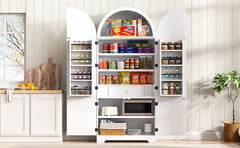 K&K 72" Tall Arched Kitchen Pantry Cabinet with 8 Door Shelves, Fluted Storage Cabinets with 3 Adjustable Shelves, Hidden Drawer, Versatile Cupboard for Kitchen, Dining & Bath Room, White