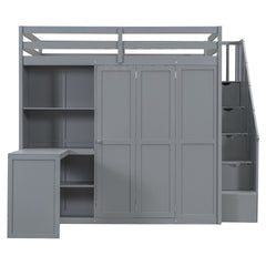 Full Size Loft Bed with Wardrobe,Desk and Shelves,Gray(OLD:LT000679AAE)