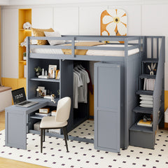 Full Size Loft Bed with Wardrobe,Desk and Shelves,Gray(OLD:LT000679AAE)