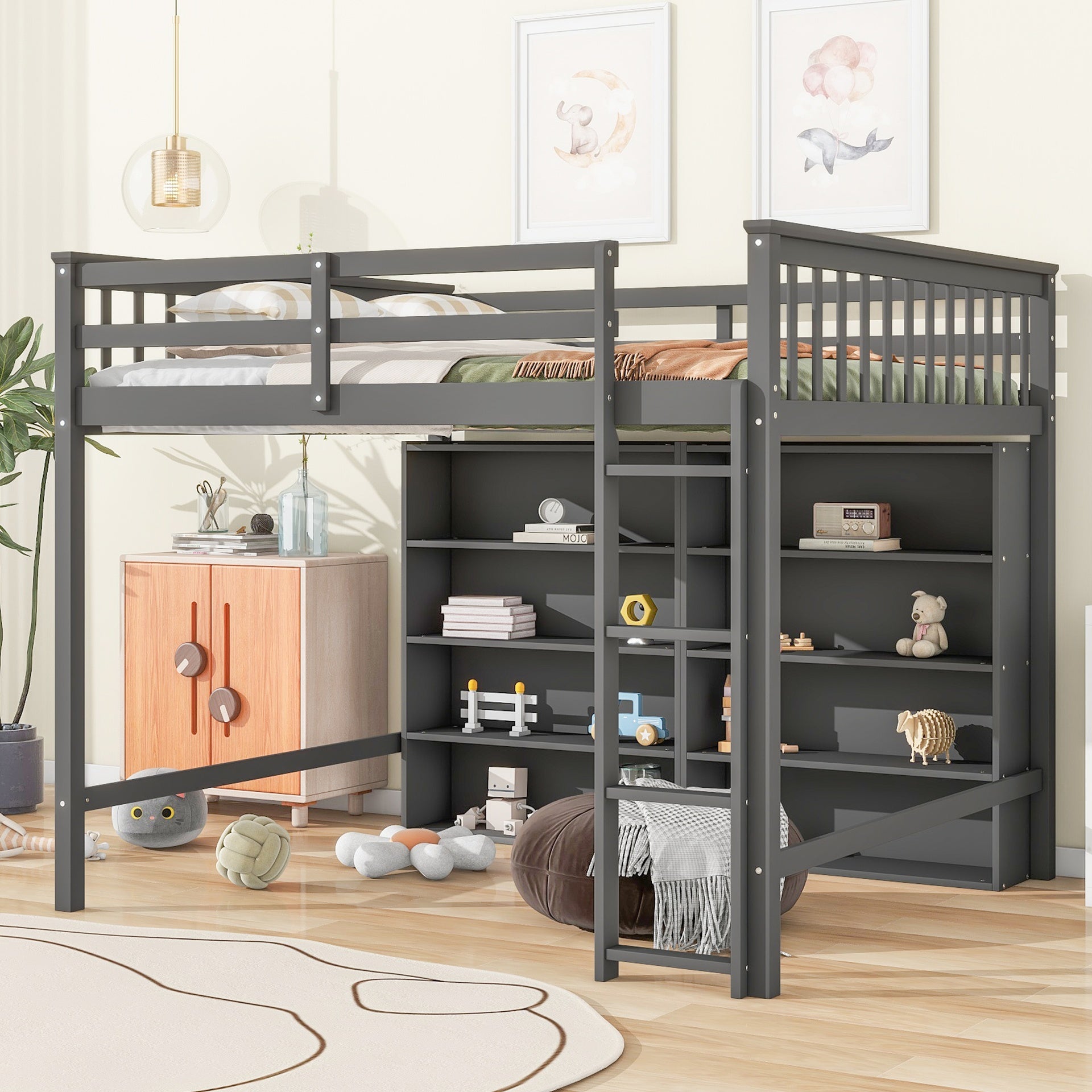 Full Size Loft Bed with 8 Open Storage Shelves and Built-in Ladder, Antique Grey