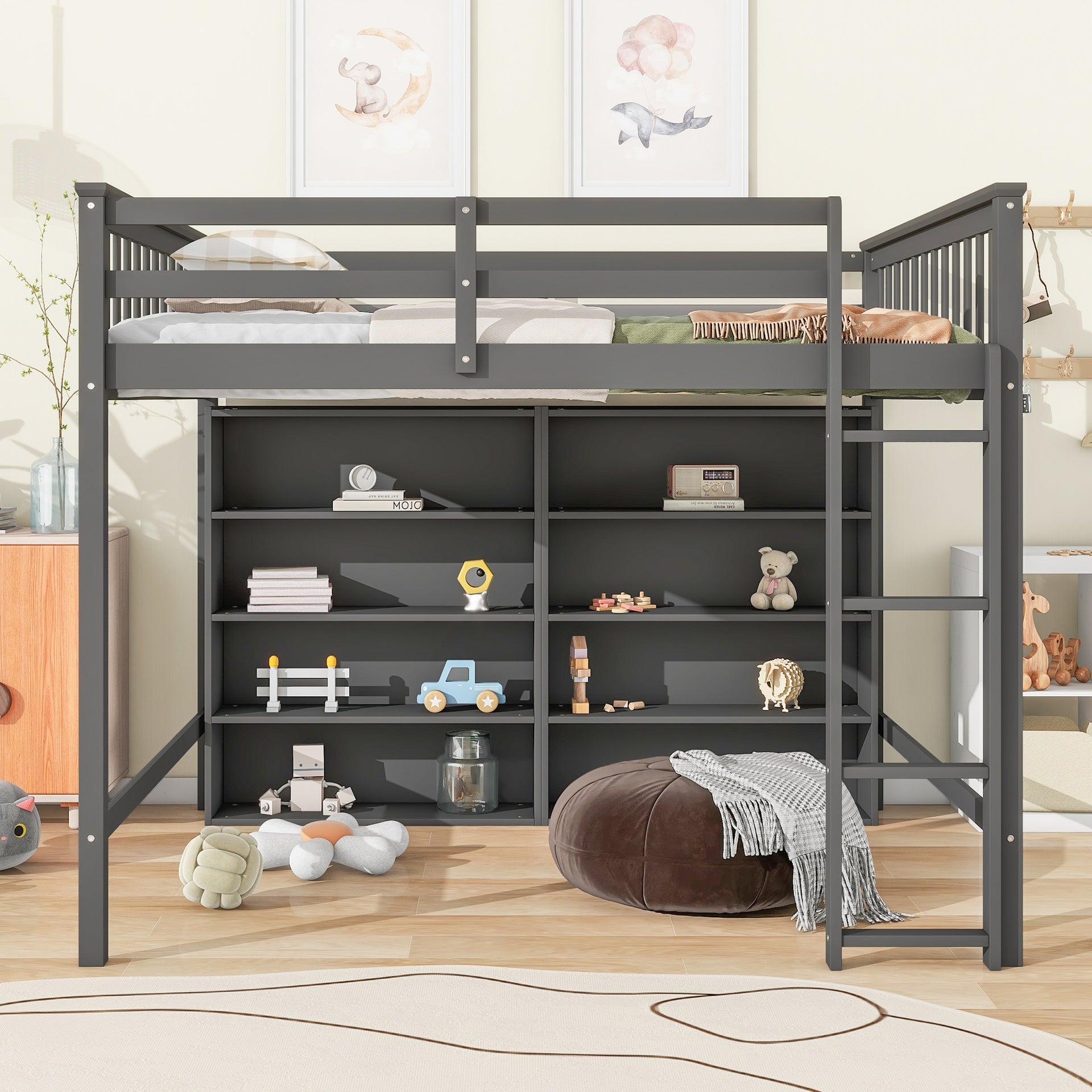 Full Size Loft Bed with 8 Open Storage Shelves and Built-in Ladder, Antique Grey
