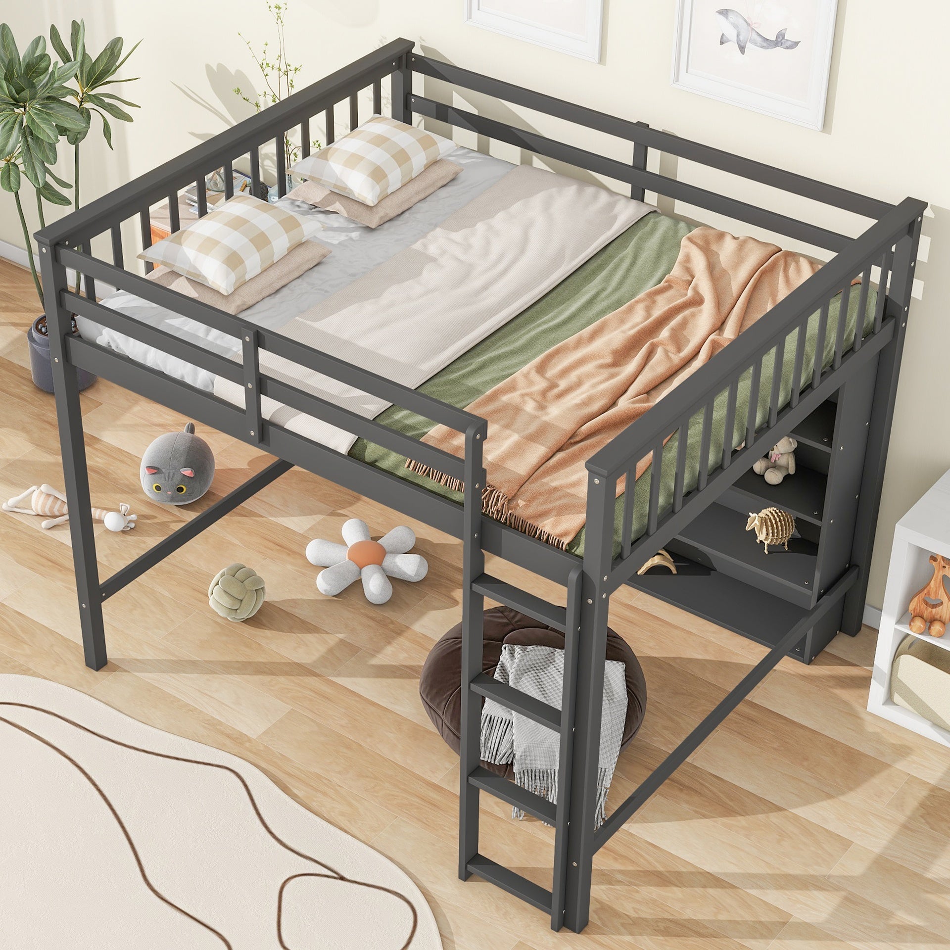 Full Size Loft Bed with 8 Open Storage Shelves and Built-in Ladder, Antique Grey