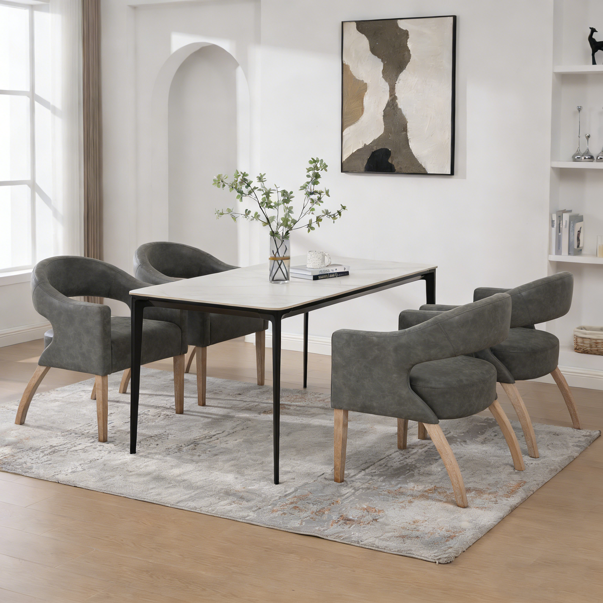 Modern PU Open Back Dining Chair Set of 4, Barrel Accent Armchair with Weathered Rubberwood Legs, Hollow-Out Club Kitchen Chair for Living Room Bedroom Restaurant Cafes Dining Room Reception, Gray