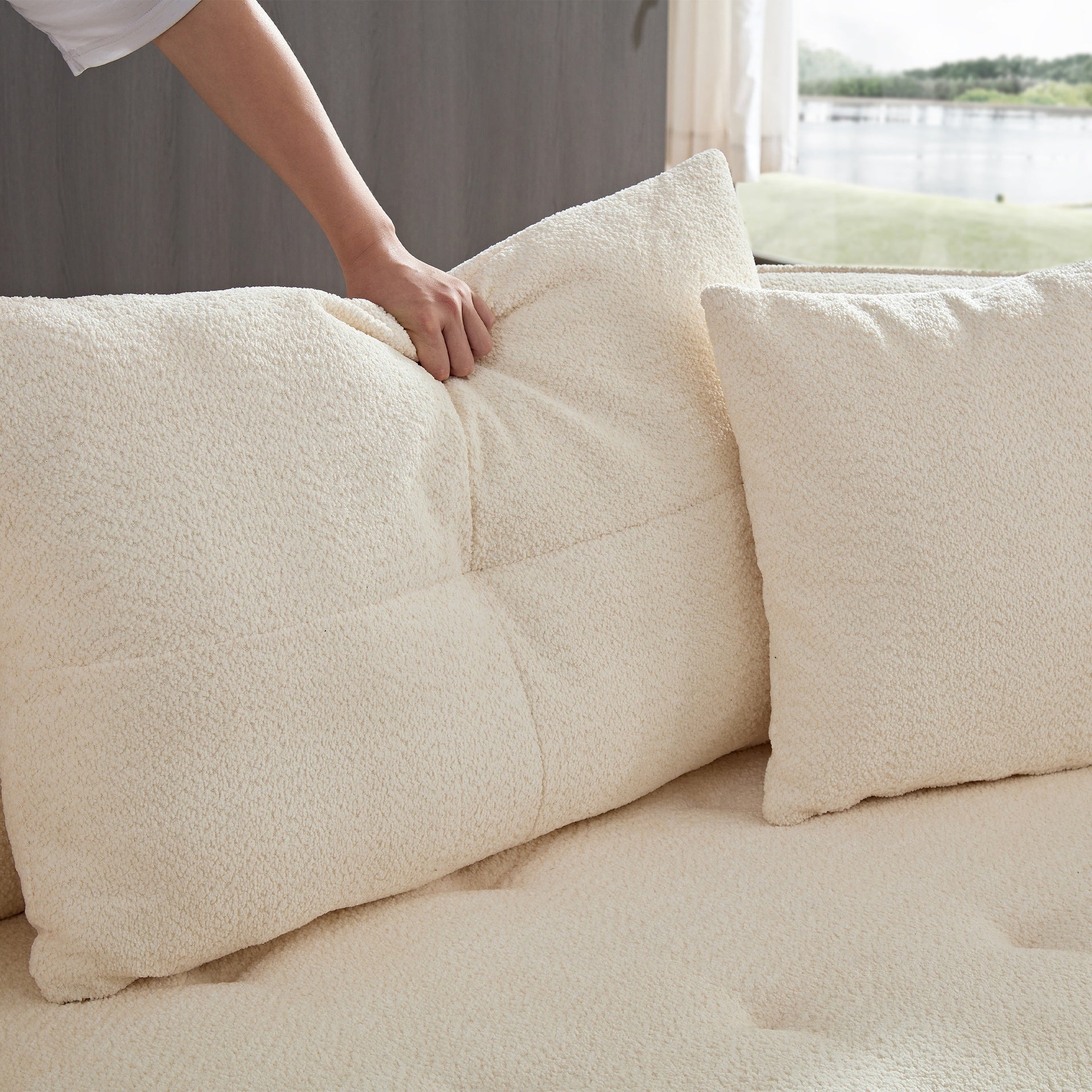 WKS7W White sectional sofa with removable pillows, durable fabric, solid wood frame, 4-person sofa