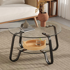 New Code:W3875P373154 Retro minimalist style metal frame double-layer tempered glass coffee table, size 31.5 * 31.5 * 17.7 inches, adding a touch of elegance to your living room