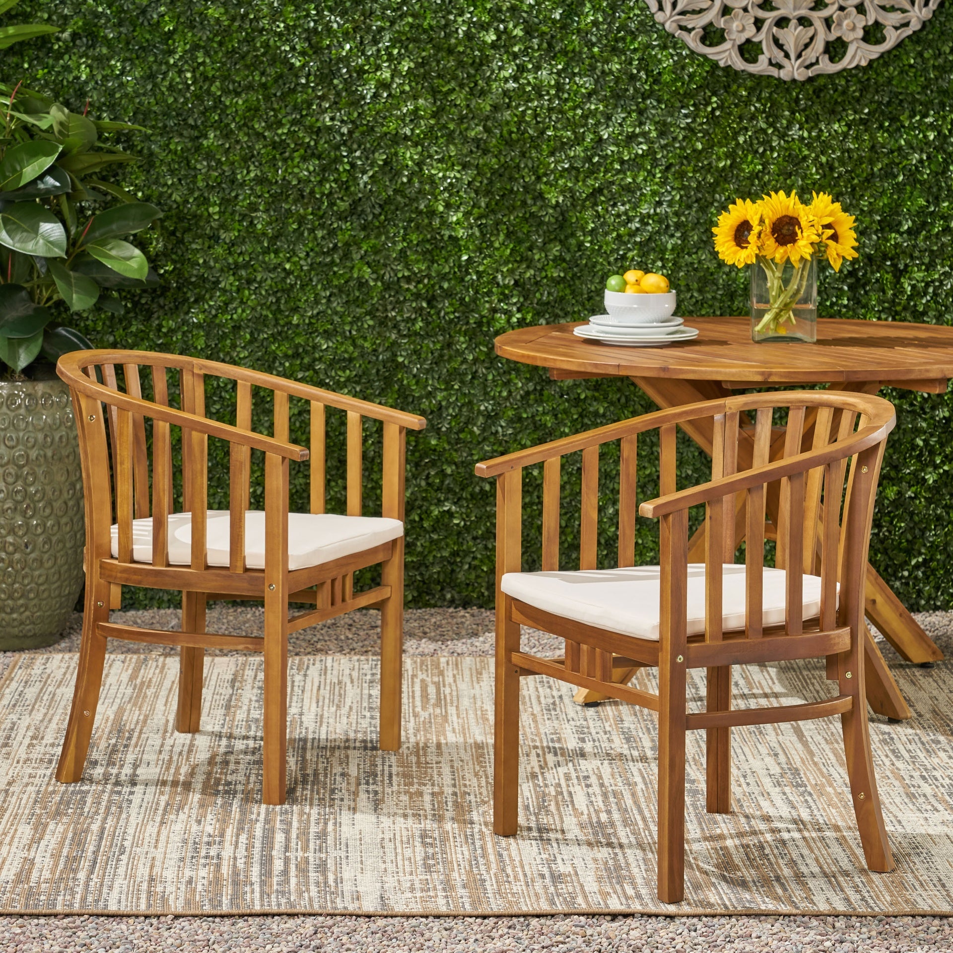 Outdoor Wooden Dining Chairs With Cushions, Set of 2, Cream, Teak Finish