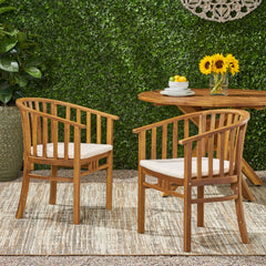Outdoor Wooden Dining Chairs With Cushions, Set of 2, Cream, Teak Finish