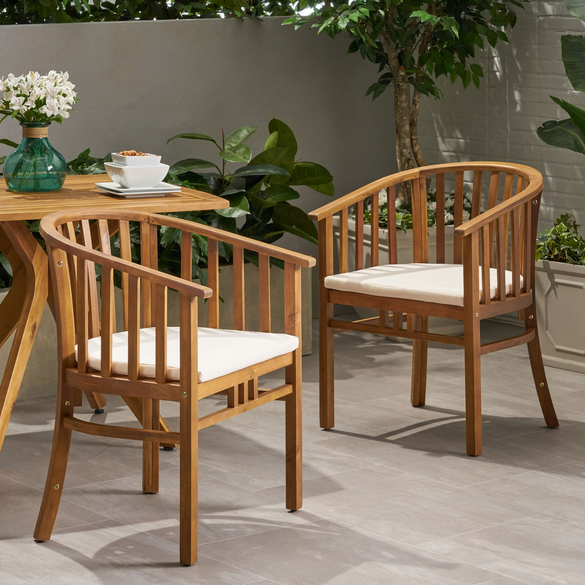 Outdoor Wooden Dining Chairs With Cushions, Set of 2, Cream, Teak Finish