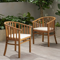 Outdoor Wooden Dining Chairs With Cushions, Set of 2, Cream, Teak Finish