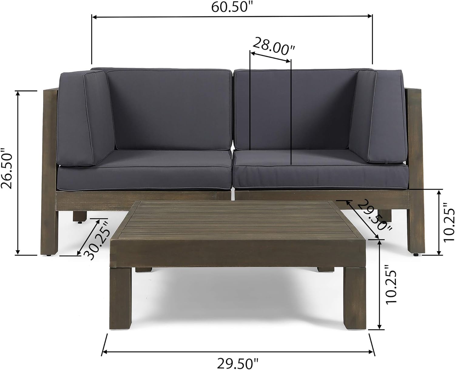 OANA 3-Piece LOVE SEAT SET WITH COFFEE TABLE, DARK GREY