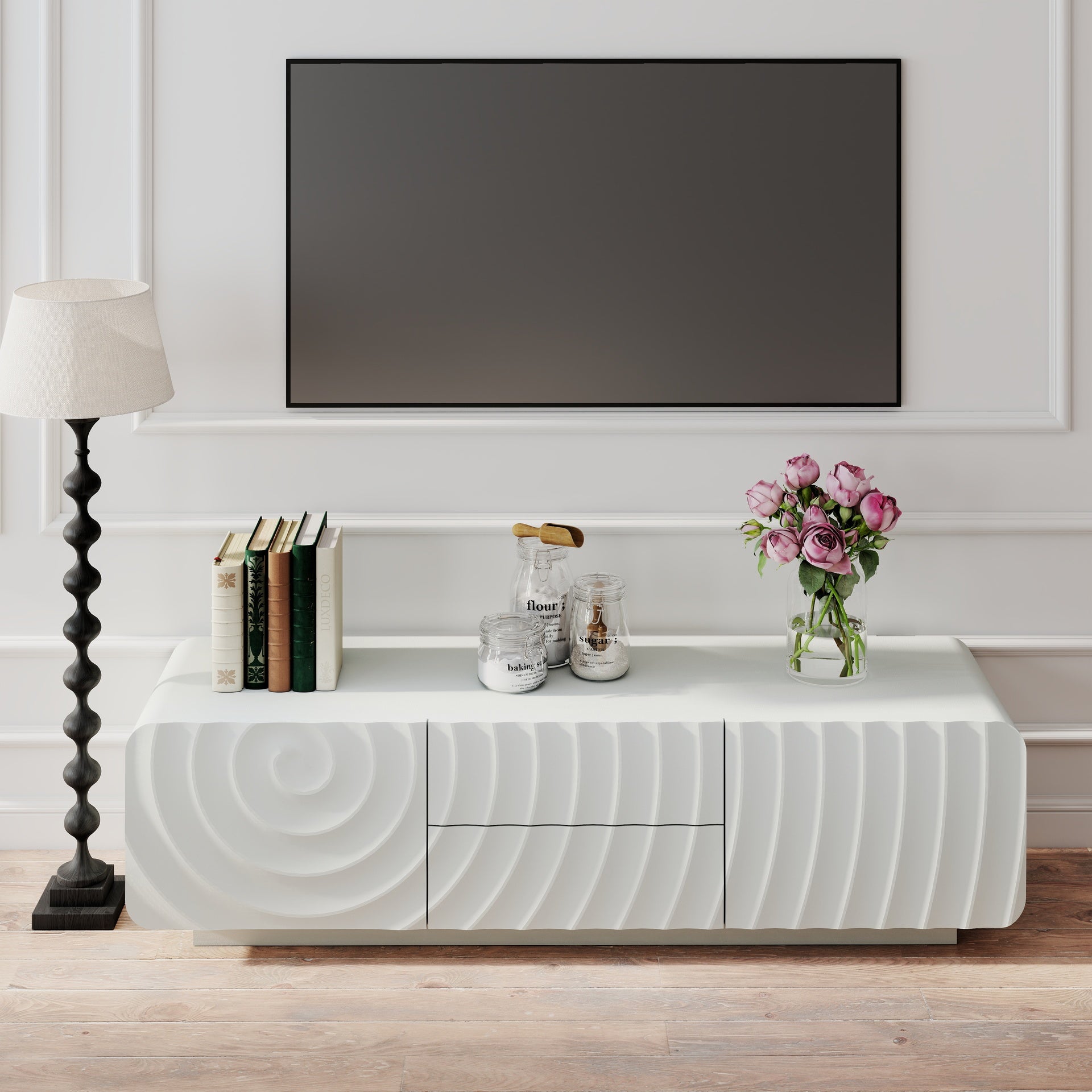 58''Tv Console With Modern Unique Spiral Wave Design With Storage Cabinet And 2 Drawers Tv Stand For Living Room, Bedroom, White