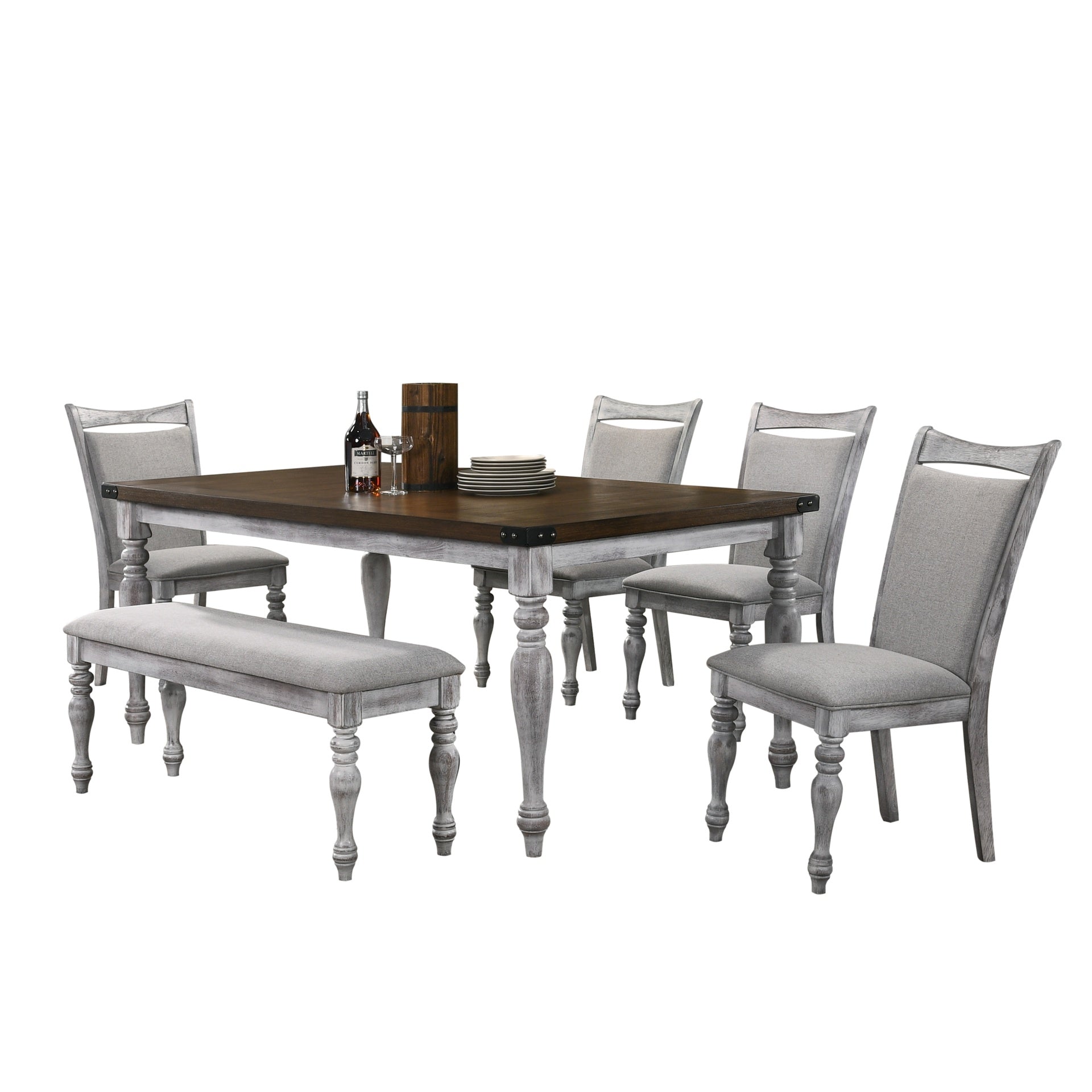 Salines 6 Piece Dining Table Set with 4 Upholstered Chairs and 1 Bench, Rustic White and Oak