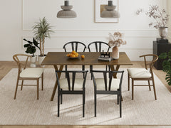 Lavin Modern 7-Piece Dining Set, Wood Dining Table with 2 Walnut and 4 Black Wishbone Chairs
