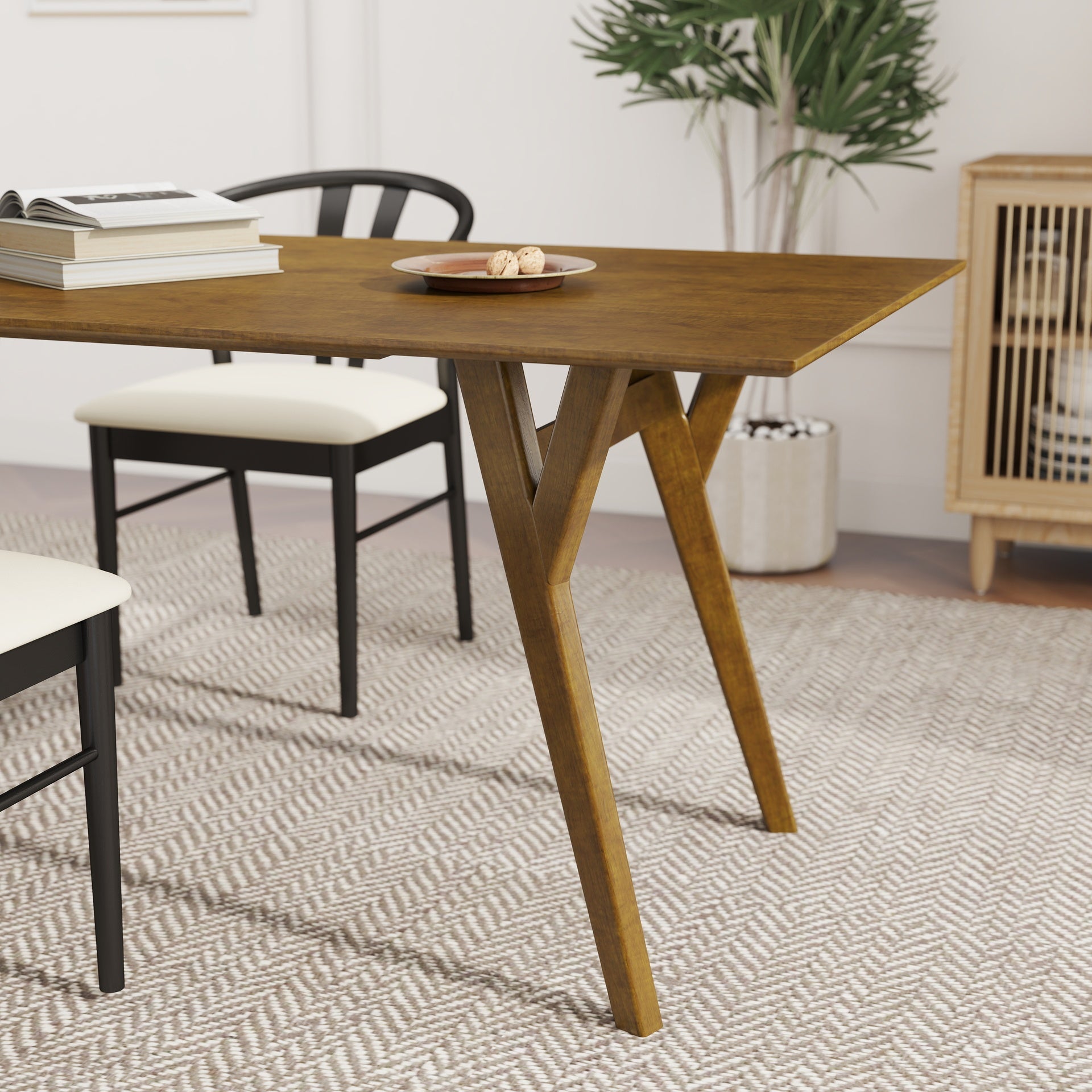 Lavin Modern 5-Piece Dining Set, Dining Table with 2 Walnut and 2 Black Wishbone Chairs