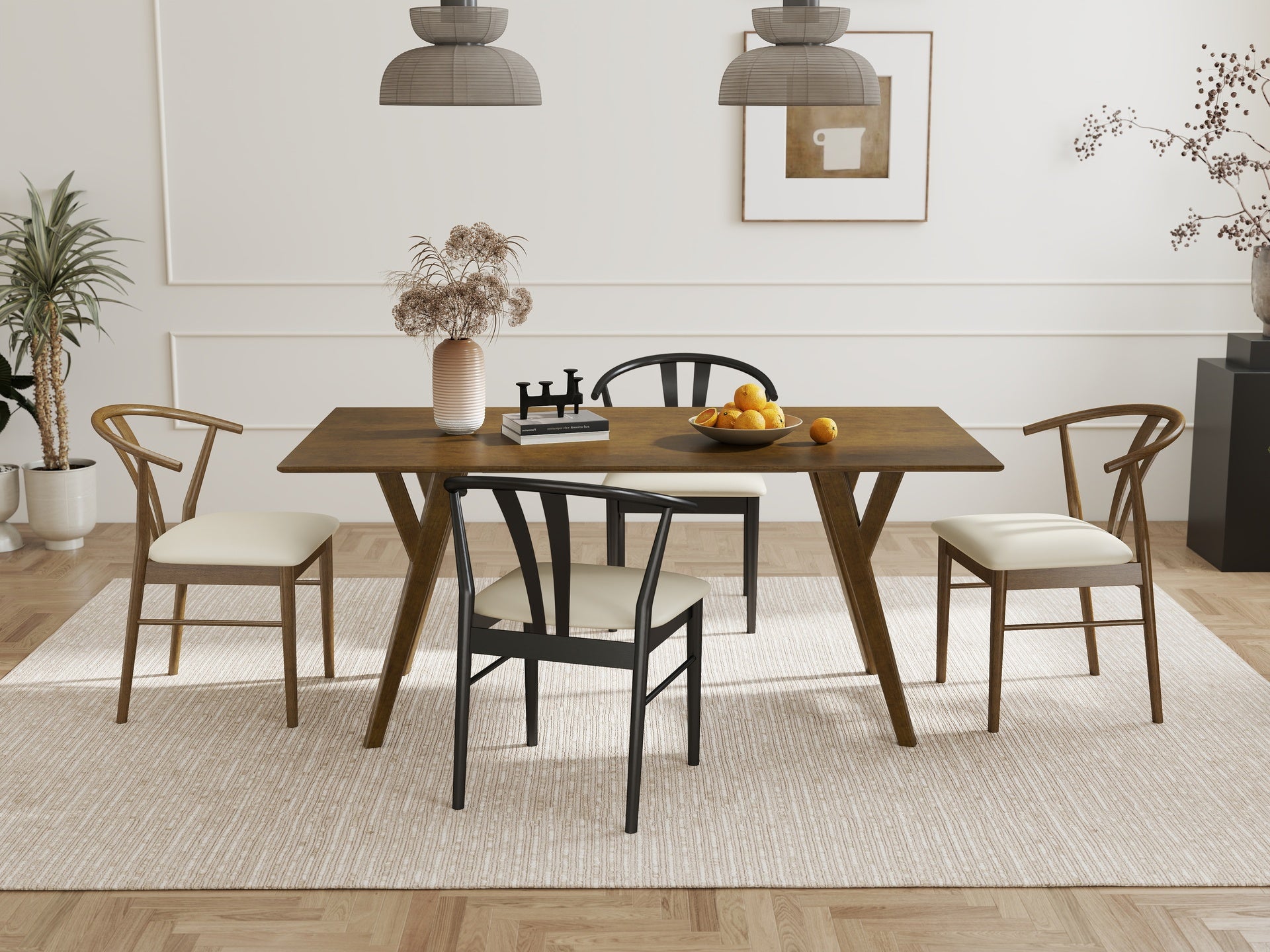 Lavin Modern 5-Piece Dining Set, Dining Table with 2 Walnut and 2 Black Wishbone Chairs