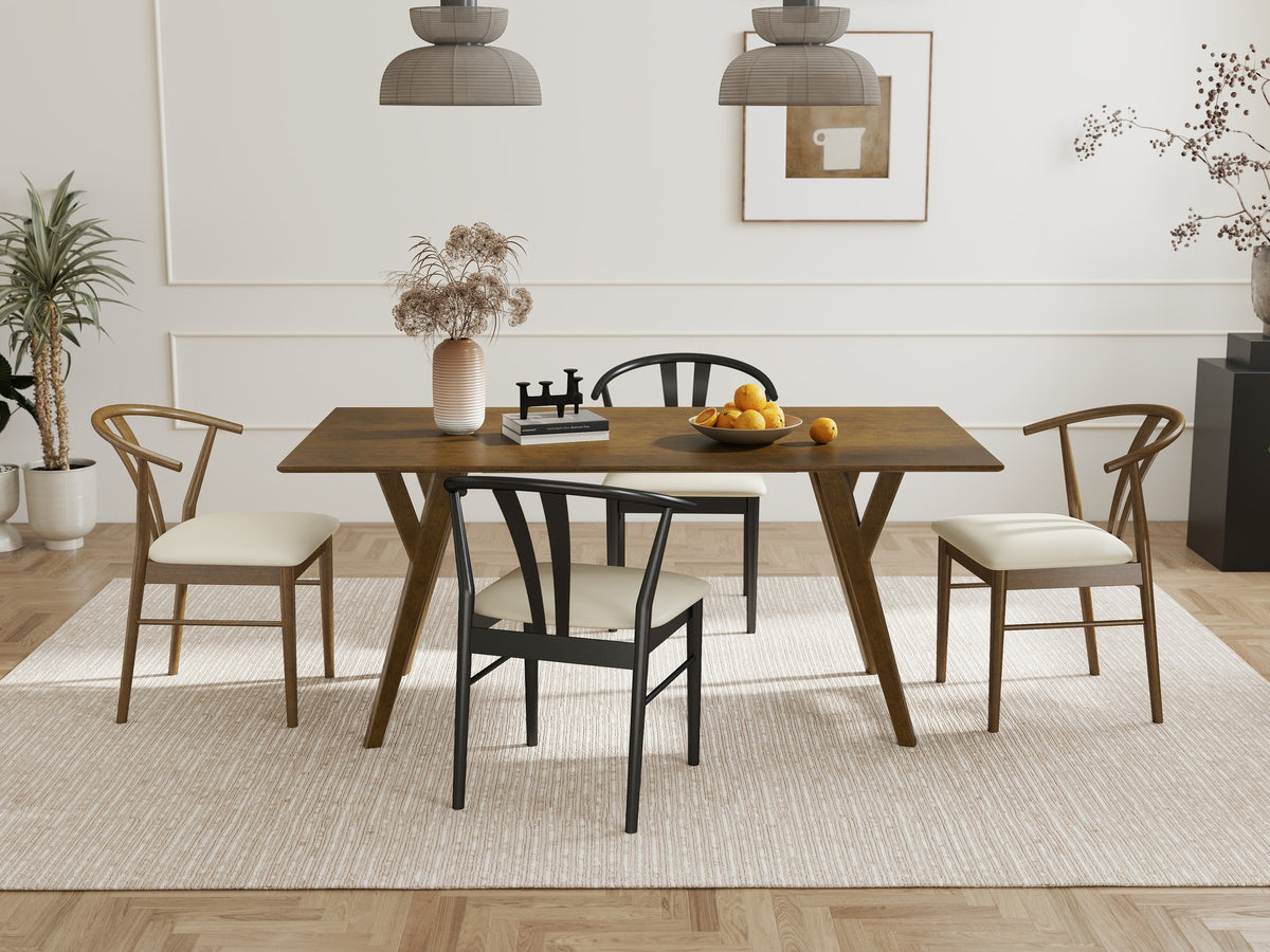 Lavin Modern 5-Piece Dining Set, Dining Table with 2 Walnut and 2 Black Wishbone Chairs