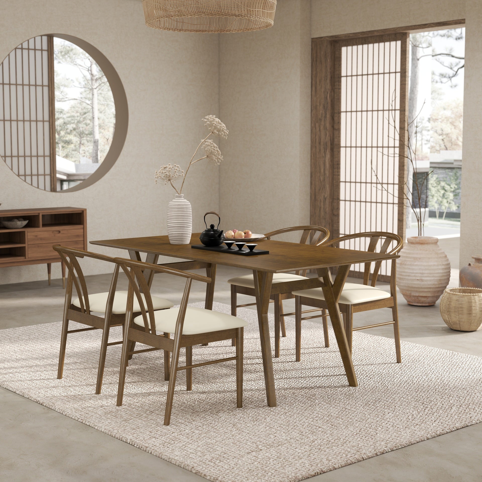 Lavin Modern 5-Piece Dining Set, Walnut Finished Dining Table with 4 Brown Wishbone Chairs