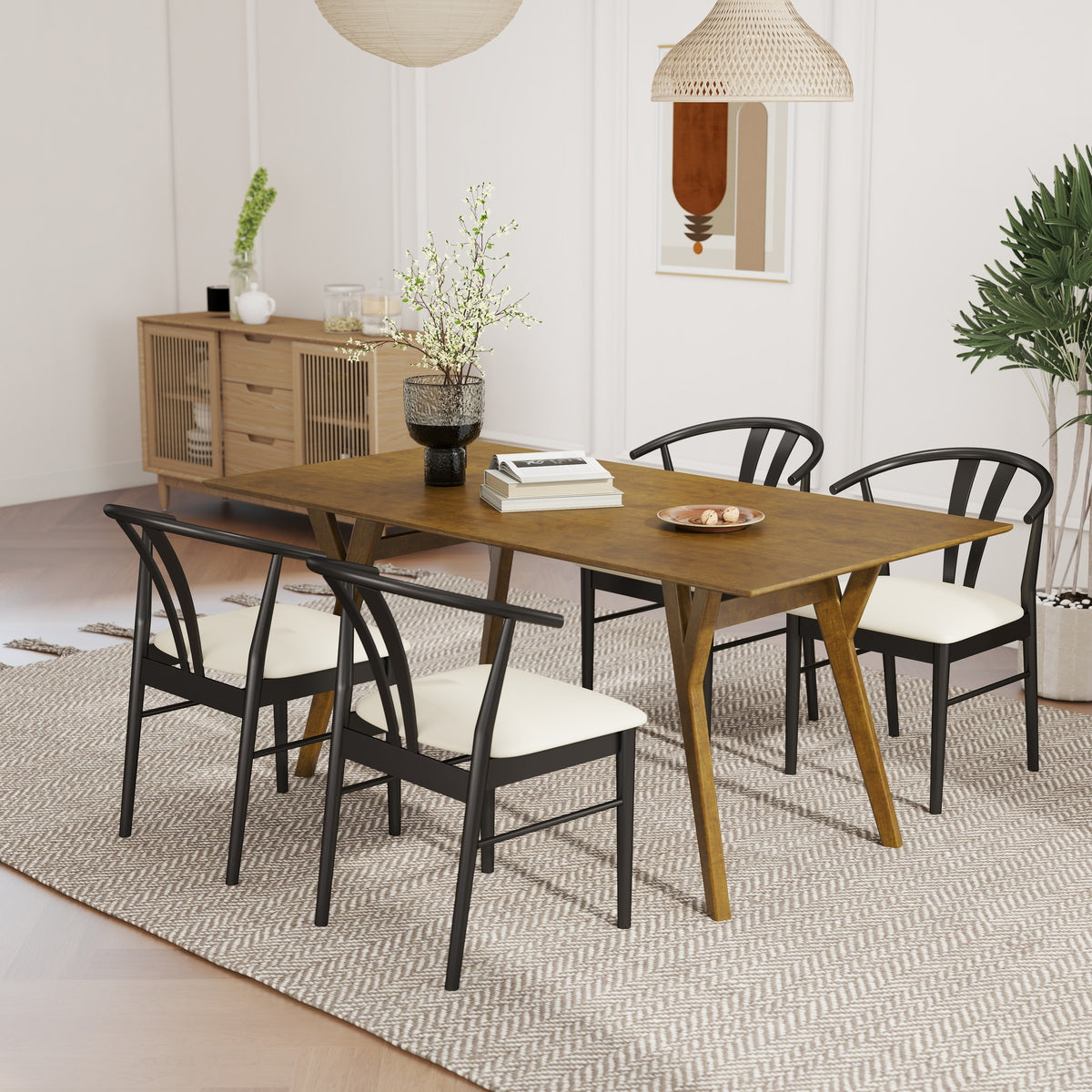 Lavin Modern 5-Piece Dining Set, Walnut Finished Dining Table with 4 Black Wishbone Chairs