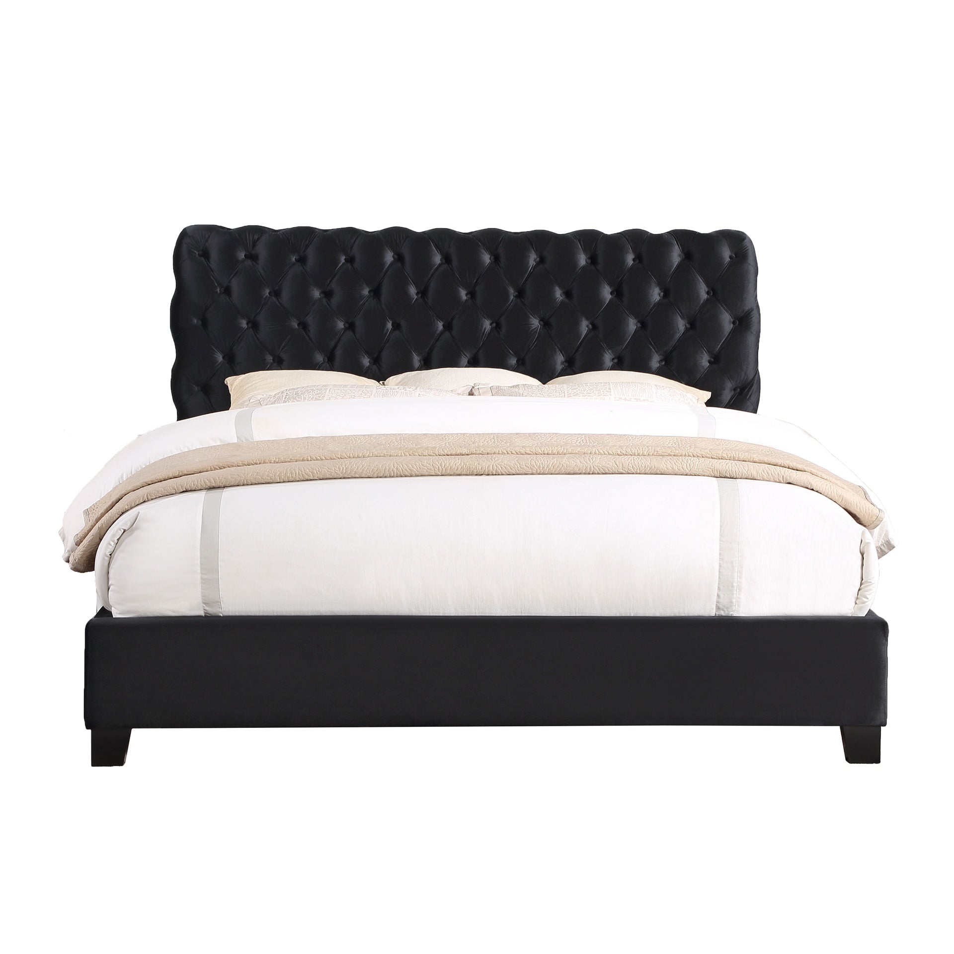 Apoera Velvet Upholstered Button Tufted Bed, King, Black
