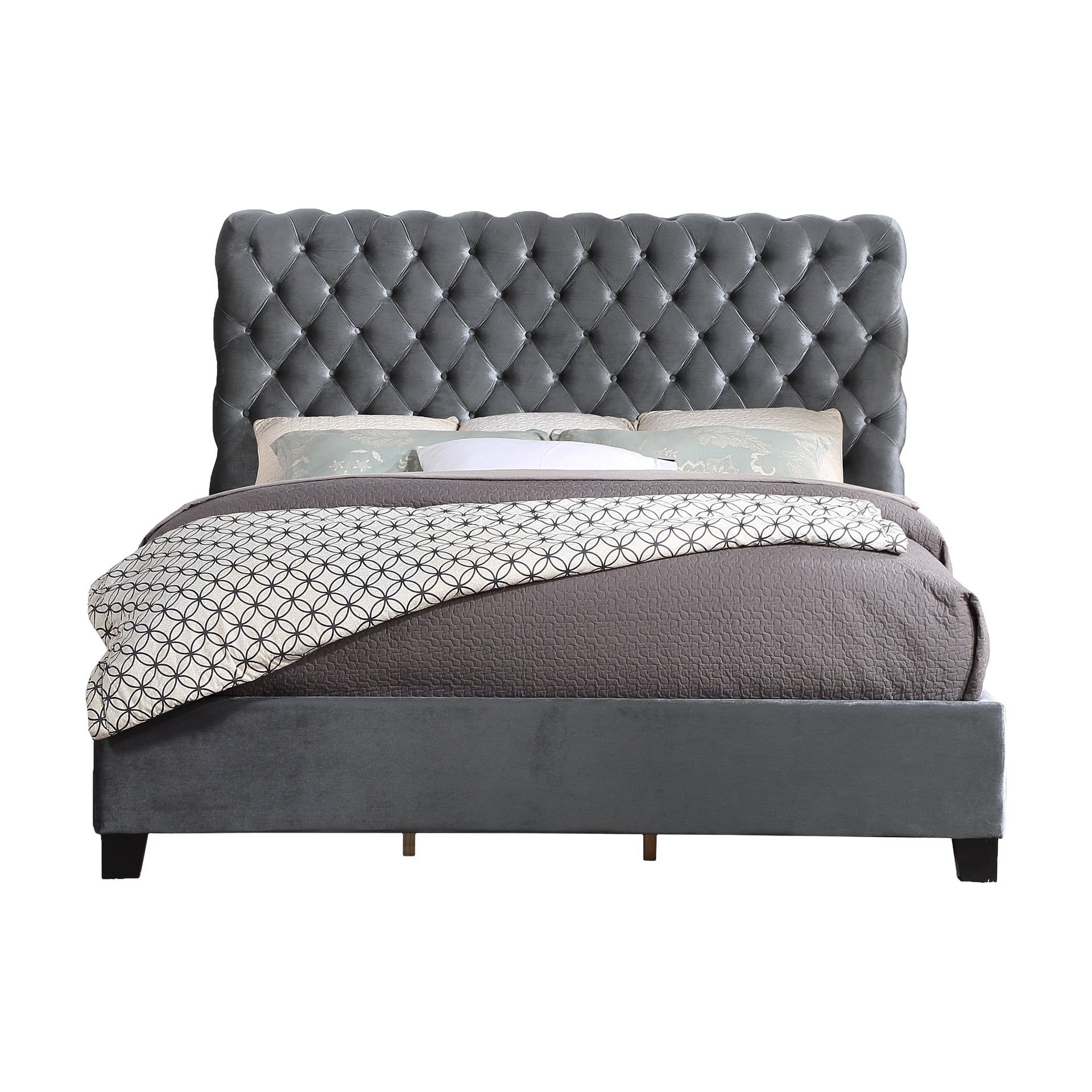 Roundhill Furniture Apoera Velvet Upholstered Button Tufted Bed, Queen, Gray