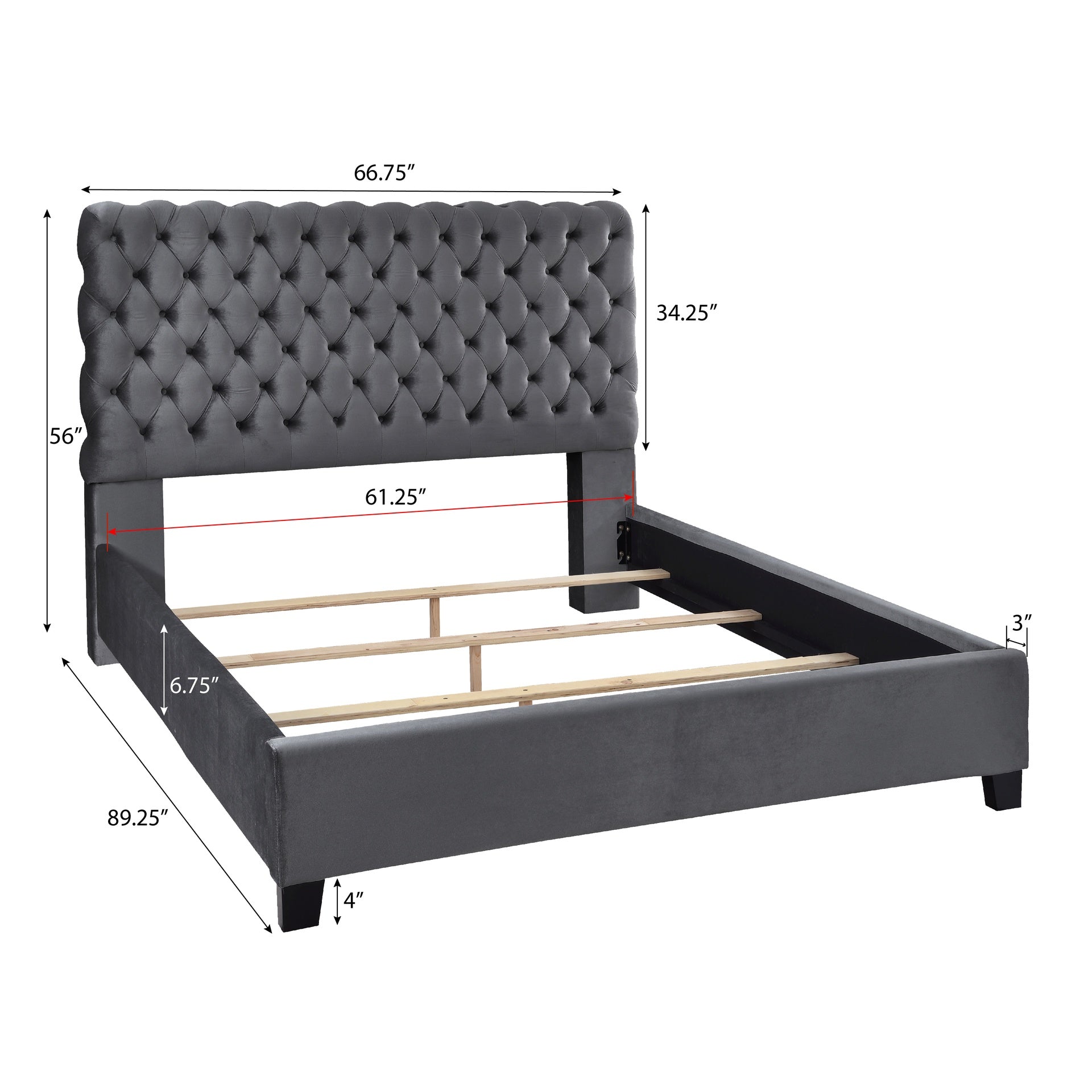 Roundhill Furniture Apoera Velvet Upholstered Button Tufted Bed, Queen, Gray